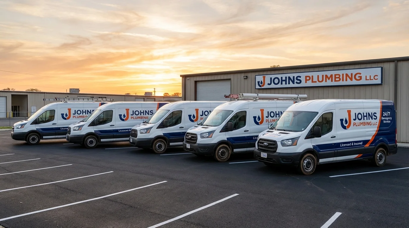 Johns Plumbing LLC fleet of service vans ready for dispatch across Florida